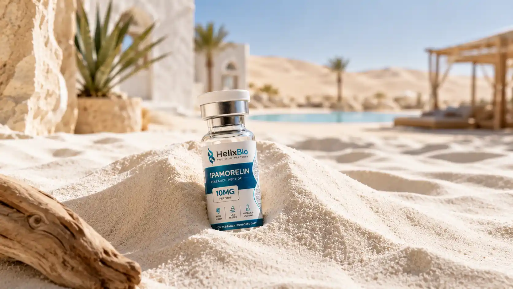 Vial of Helix Bio synthetic research peptide against a desert landscape backdrop